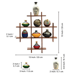 8 Terracotta Warli Handpainted Pots with Sheesham Wood Frame Wall Hanging