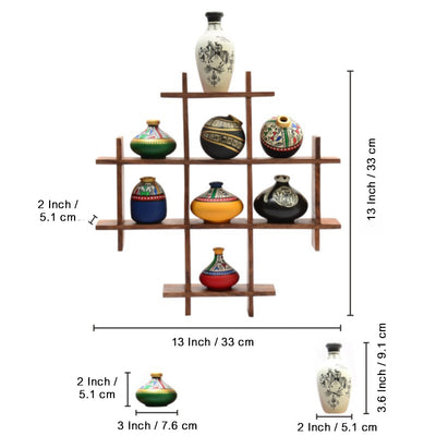 8 Terracotta Warli Handpainted Pots with Sheesham Wood Frame Wall Hanging