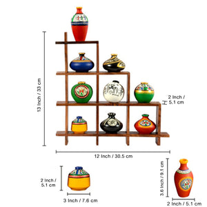 9 Terracotta Warli Handpainted Pots with Sheesham Wooden Frame Wall Hanging