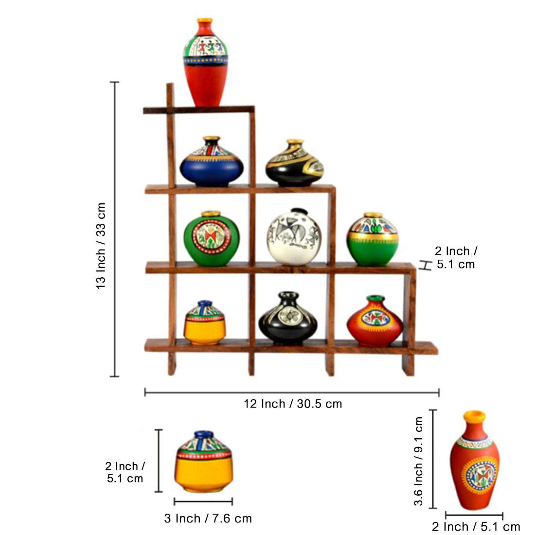 9 Terracotta Warli Handpainted Pots with Sheesham Wooden Frame Wall Hanging