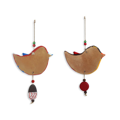 'Feathered Sparrows' Handmade & Handpainted Terracotta Decorative Wall Hangings (Set of 2)