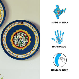 'The Warli Tales' Hand Painted Terracotta Wall Plates Wall Décor (8 inch, Set of 2, Blue)