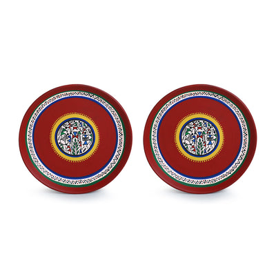 'The Warli Tales' Hand Painted Terracotta Wall Plates Wall Décor (8 inch, Set of 2, Red)