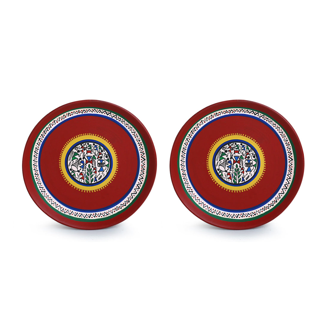 'The Warli Tales' Hand Painted Terracotta Wall Plates Wall Décor (8 inch, Set of 2, Red)