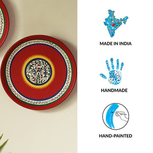 'The Warli Tales' Hand Painted Terracotta Wall Plates Wall Décor (8 inch, Set of 2, Red)