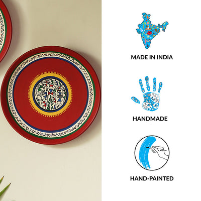 'The Warli Tales' Hand Painted Terracotta Wall Plates Wall Décor (8 inch, Set of 2, Red)