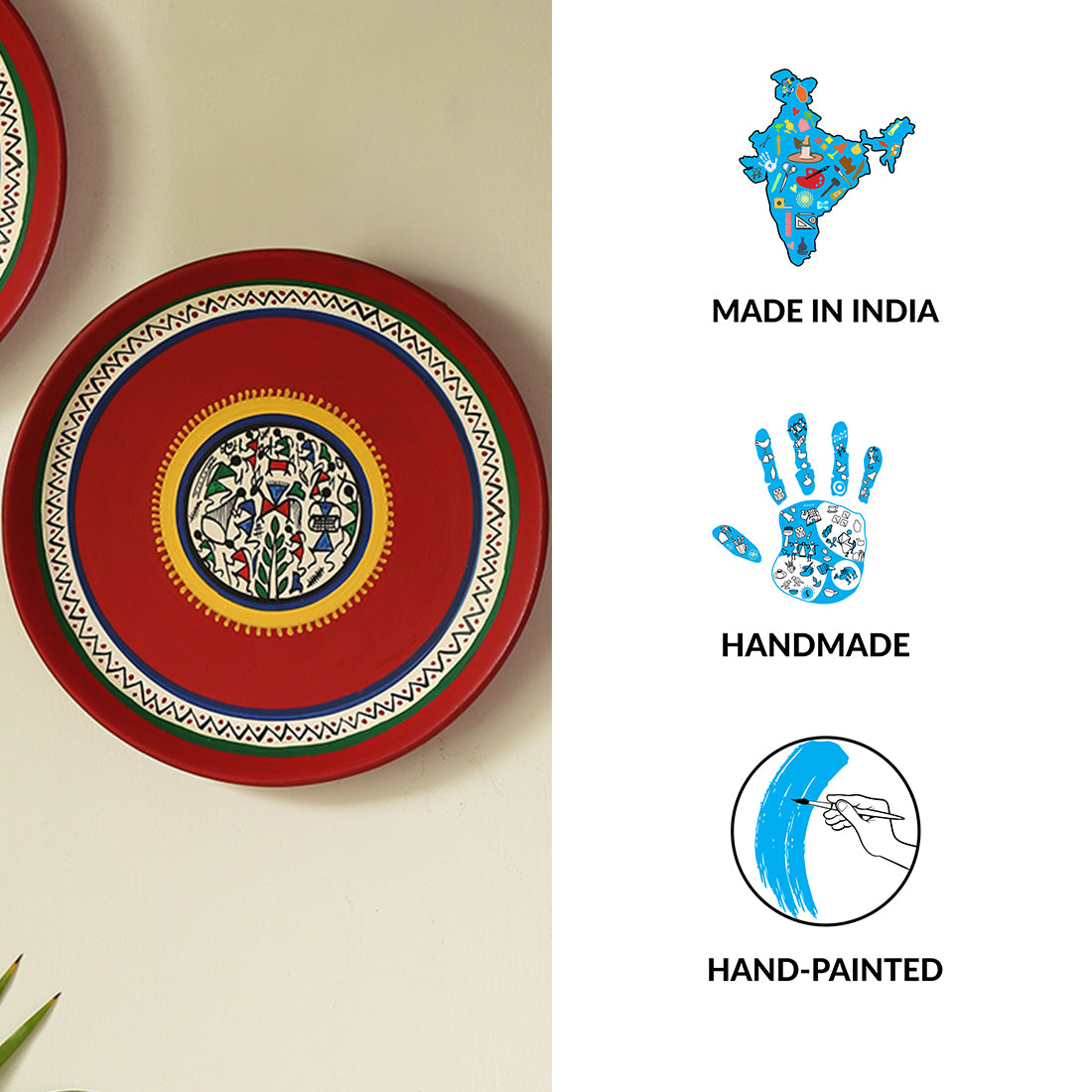 'The Warli Tales' Hand Painted Terracotta Wall Plates Wall Décor (8 inch, Set of 2, Red)