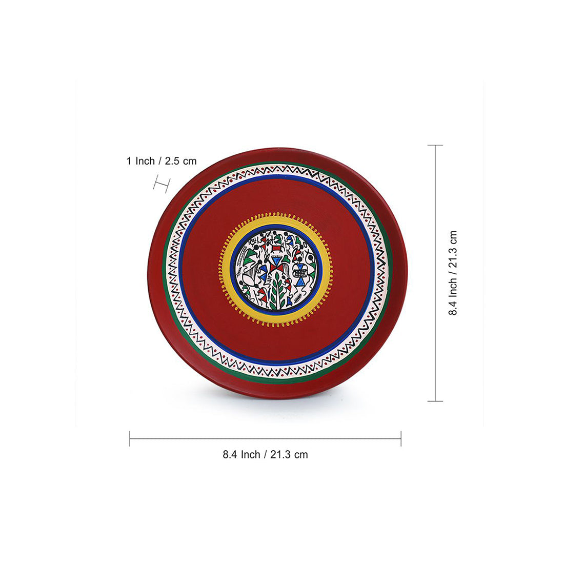'The Warli Tales' Hand Painted Terracotta Wall Plates Wall Décor (8 inch, Set of 2, Red)