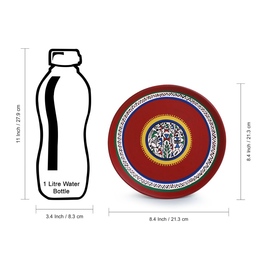 'The Warli Tales' Hand Painted Terracotta Wall Plates Wall Décor (8 inch, Set of 2, Red)