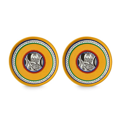 'The Madhubani Tales' Hand Painted Terracotta Wall Plates Wall Décor (8 inch, Set of 2, Yellow)