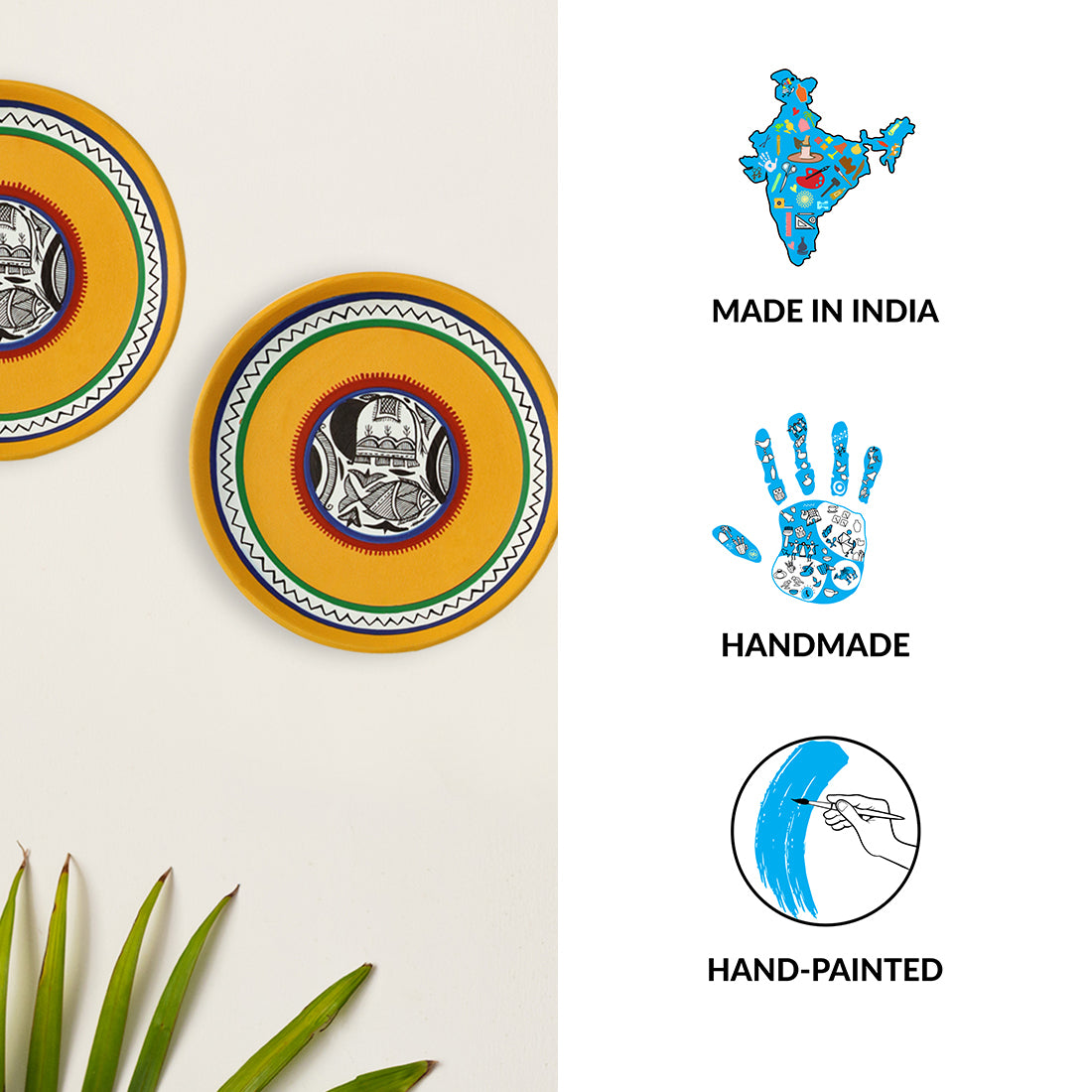 'The Madhubani Tales' Hand Painted Terracotta Wall Plates Wall Décor (8 inch, Set of 2, Yellow)