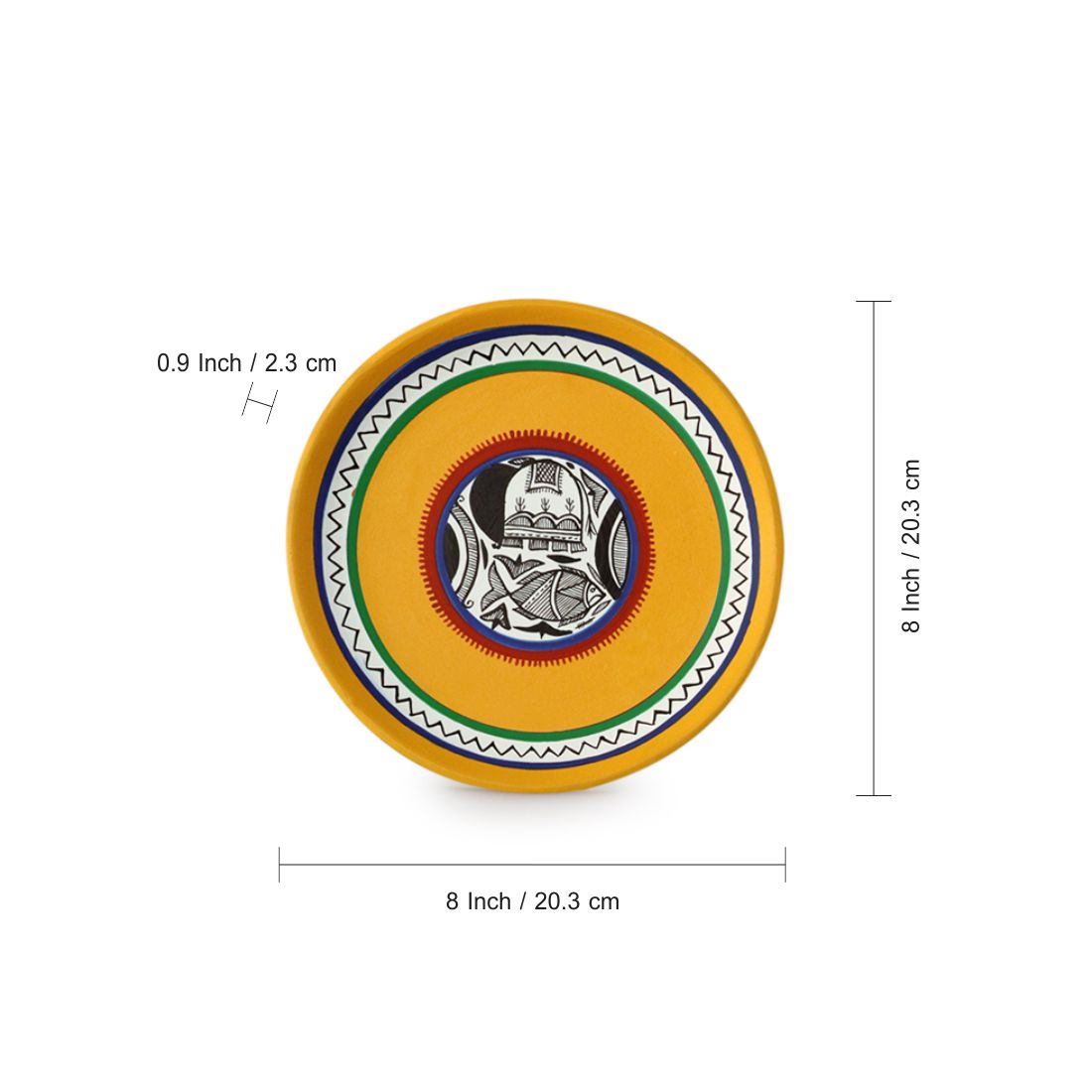 'The Madhubani Tales' Hand Painted Terracotta Wall Plates Wall Décor (8 inch, Set of 2, Yellow)