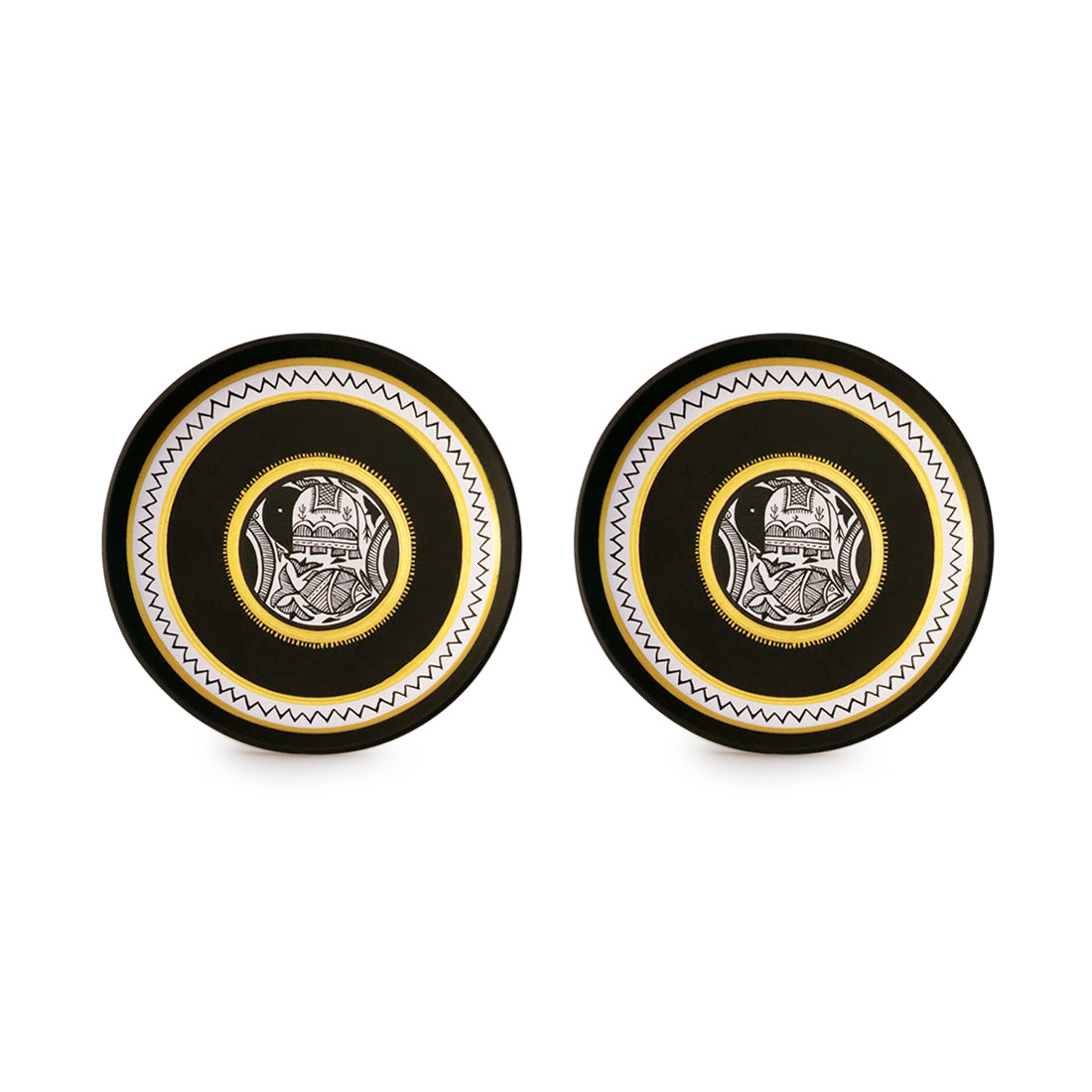 'The Madhubani Tales' Hand Painted Terracotta Wall Plates Wall Décor (8 inch, Set of 2, Black)