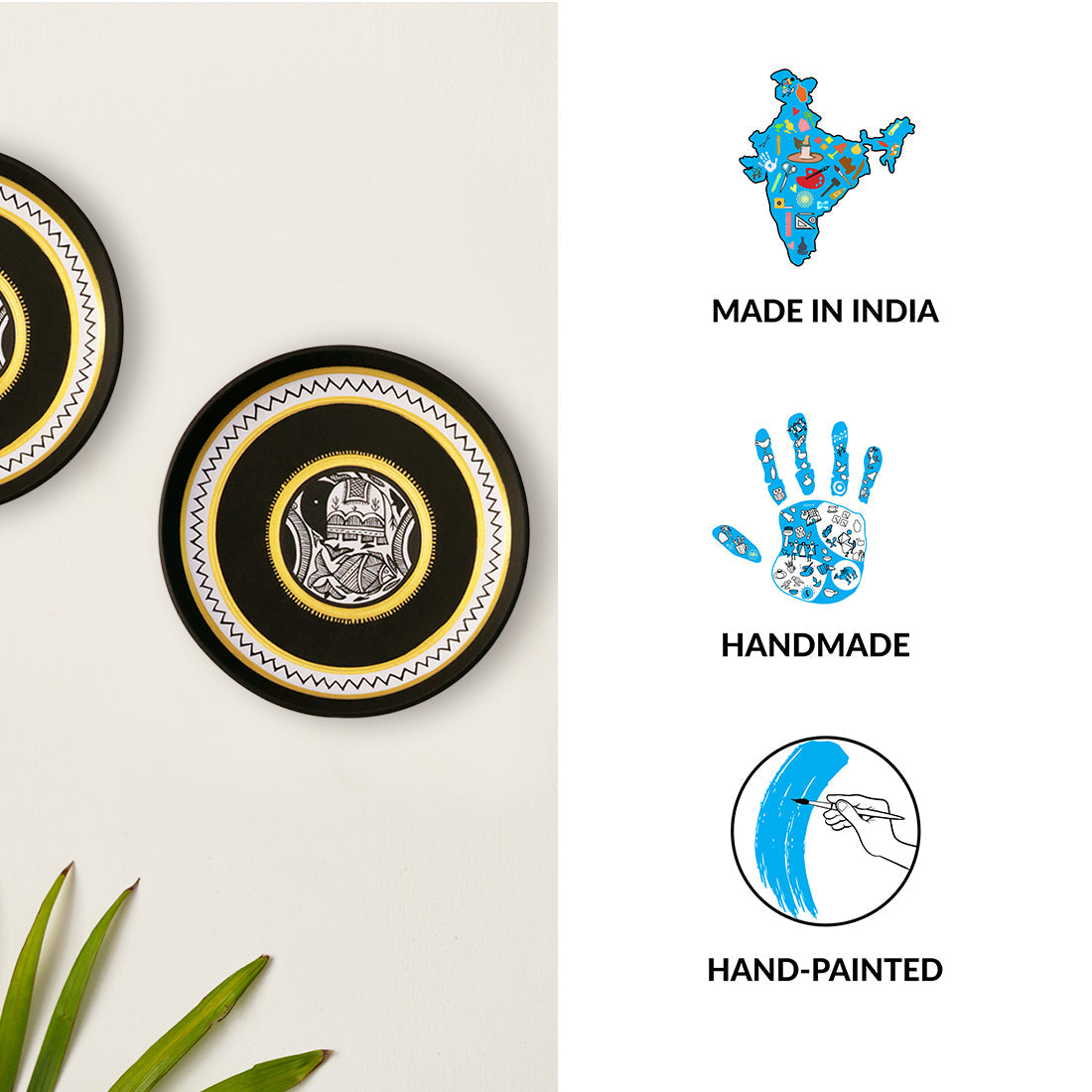 'The Madhubani Tales' Hand Painted Terracotta Wall Plates Wall Décor (8 inch, Set of 2, Black)