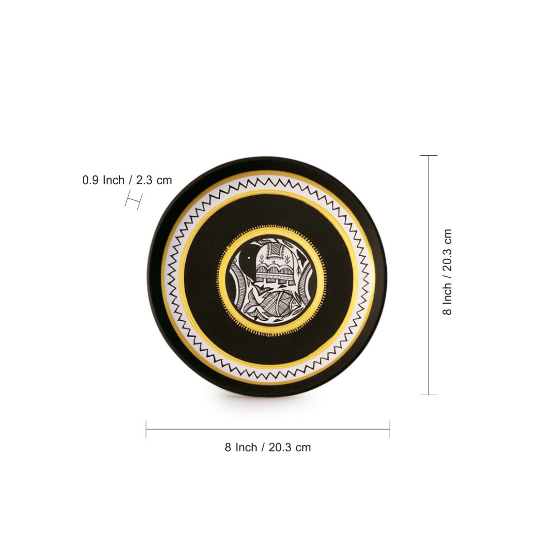 'The Madhubani Tales' Hand Painted Terracotta Wall Plates Wall Décor (8 inch, Set of 2, Black)