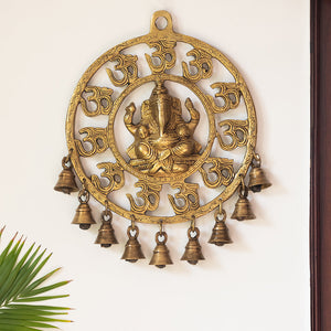 'Mahaganpati' Hand-Etched Wall Décor Hanging with Bells In Brass (9 Bells)
