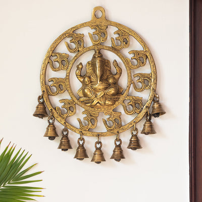 'Mahaganpati' Hand-Etched Wall Décor Hanging with Bells In Brass (9 Bells)