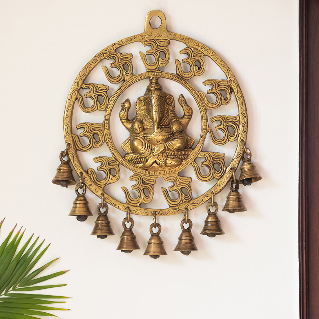 'Mahaganpati' Hand-Etched Wall Décor Hanging with Bells In Brass (9 Bells)
