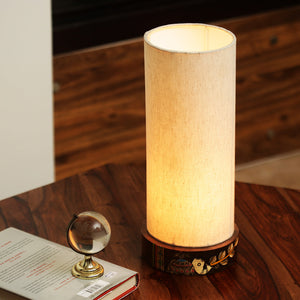 'The Brownie Elephant' Madhubani Handpainted Round Table Lamp In Mango Wood