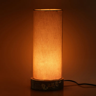 'The Brownie Elephant' Madhubani Handpainted Round Table Lamp In Mango Wood