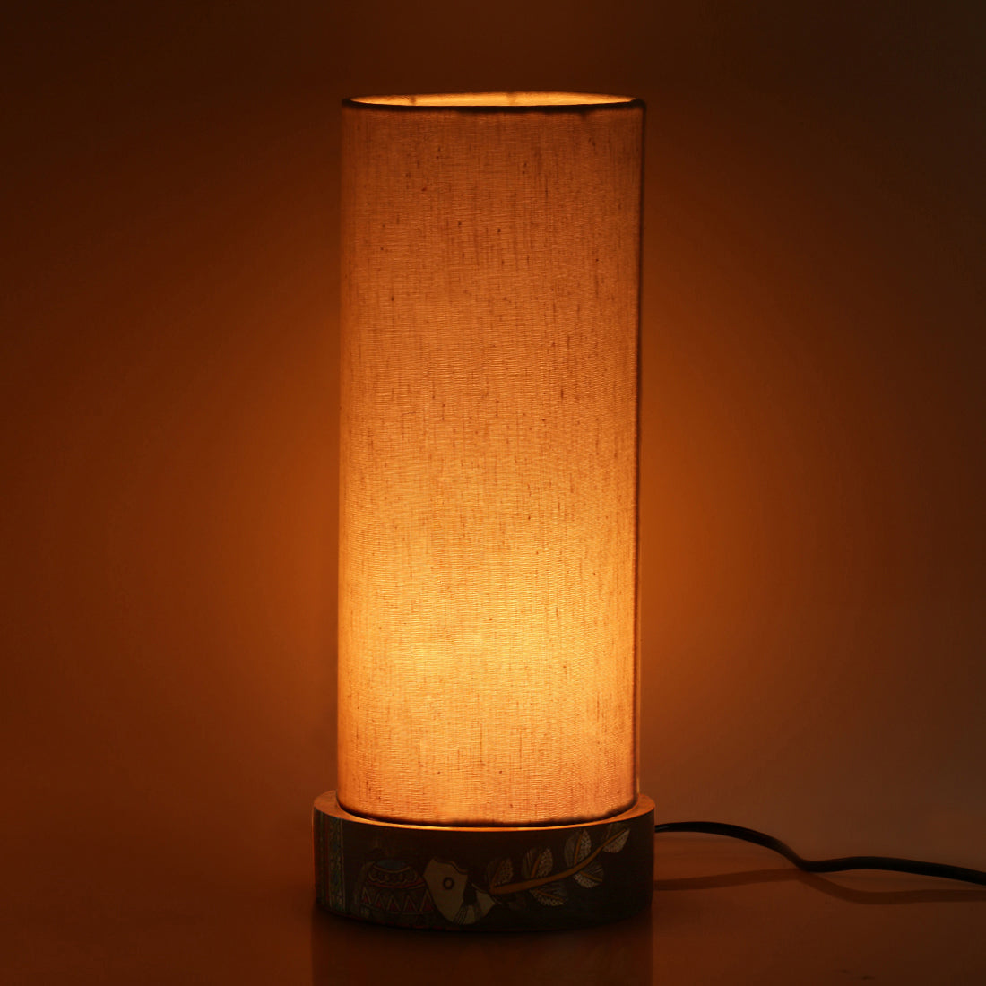 'The Brownie Elephant' Madhubani Handpainted Round Table Lamp In Mango Wood