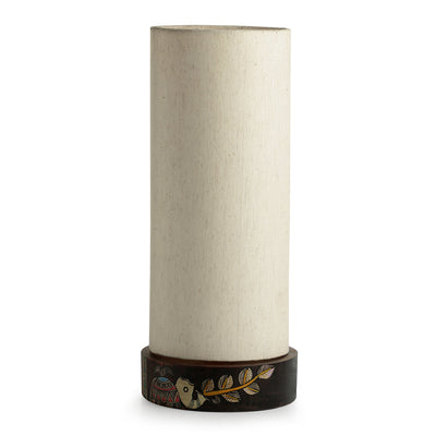 'The Brownie Elephant' Madhubani Handpainted Round Table Lamp In Mango Wood