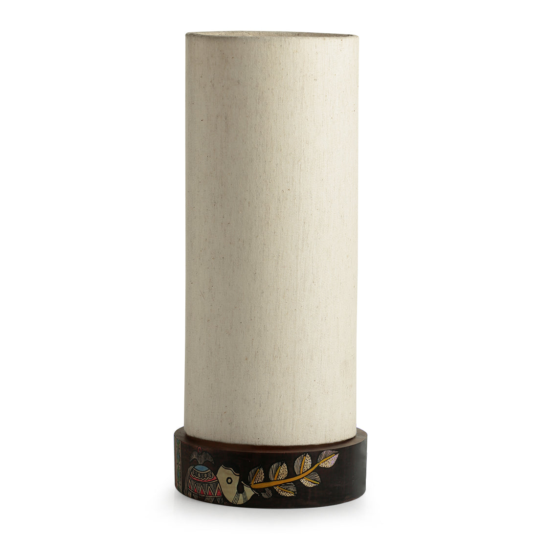 'The Brownie Elephant' Madhubani Handpainted Round Table Lamp In Mango Wood