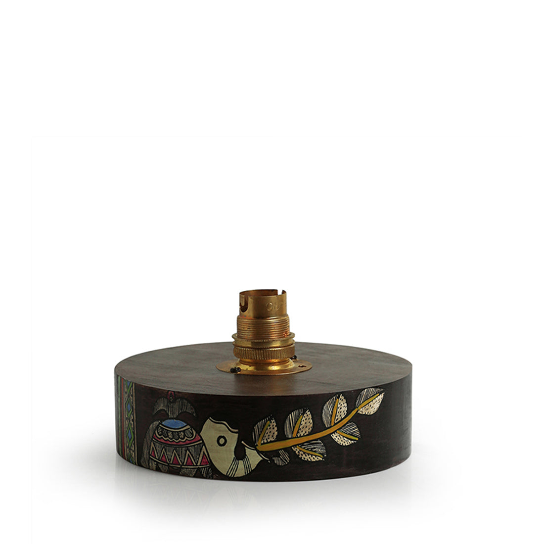 'The Brownie Elephant' Madhubani Handpainted Round Table Lamp In Mango Wood