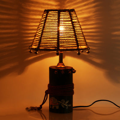 'The Jute-Shade Log' Madhubani Handpainted Table Lamp In Wood