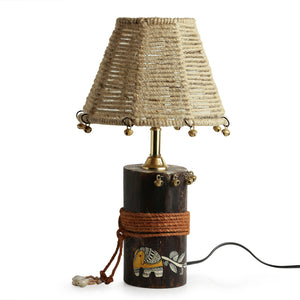 'The Jute-Shade Log' Madhubani Handpainted Table Lamp In Wood