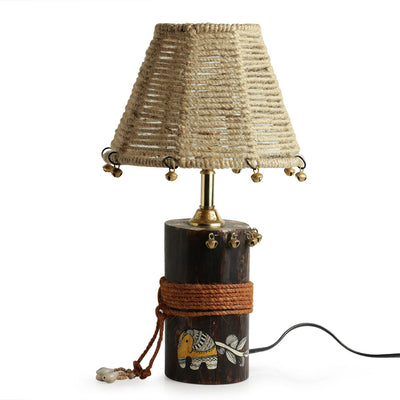 'The Jute-Shade Log' Madhubani Handpainted Table Lamp In Wood