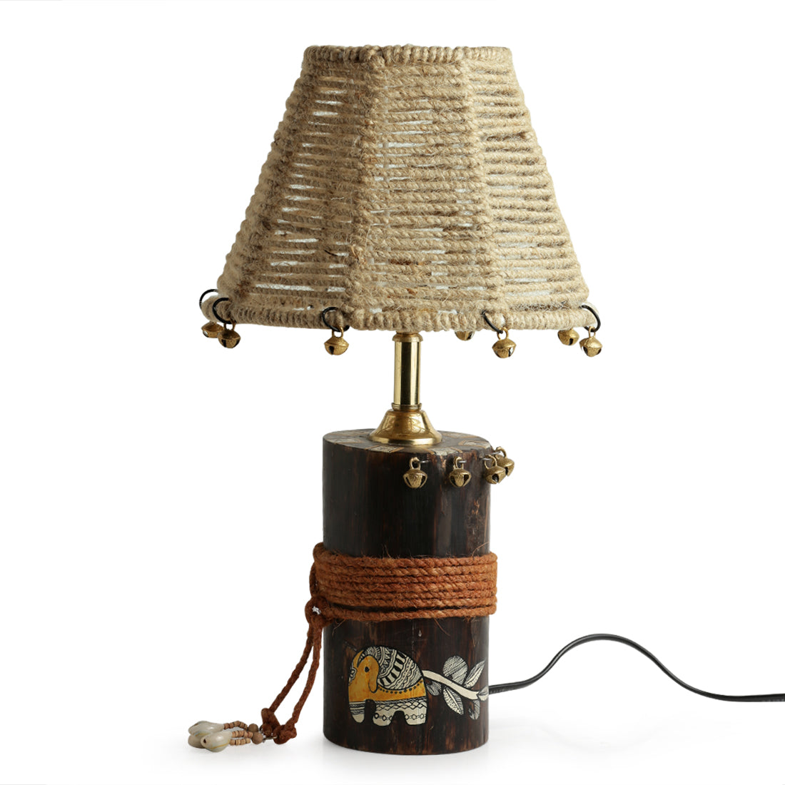 'The Jute-Shade Log' Madhubani Handpainted Table Lamp In Wood