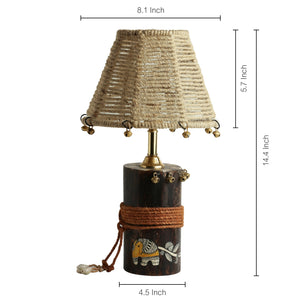 'The Jute-Shade Log' Madhubani Handpainted Table Lamp In Wood