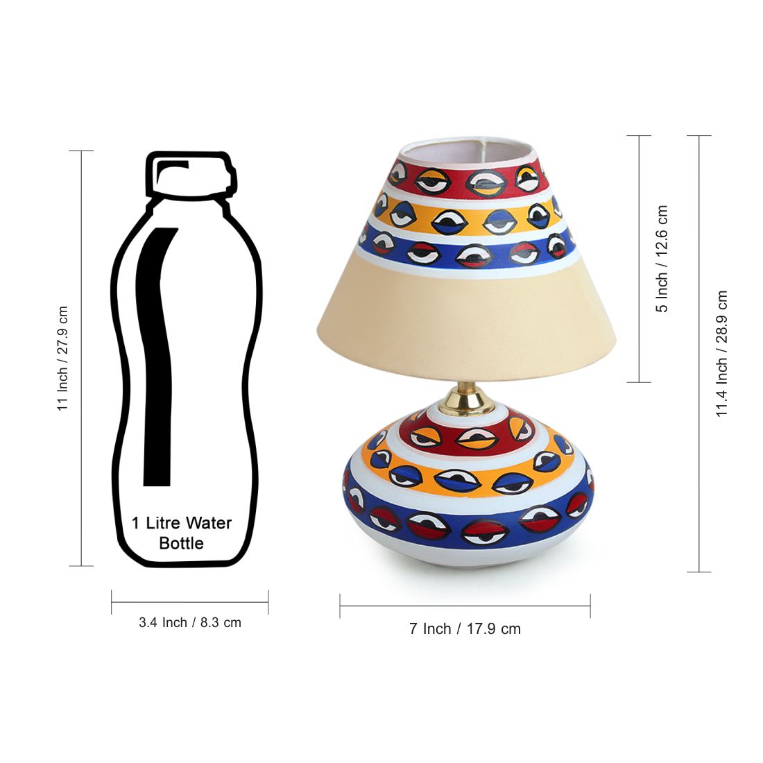 'The Eye of Horus' Handpainted Flat Matki Terracotta Table Lamp (11 inch)