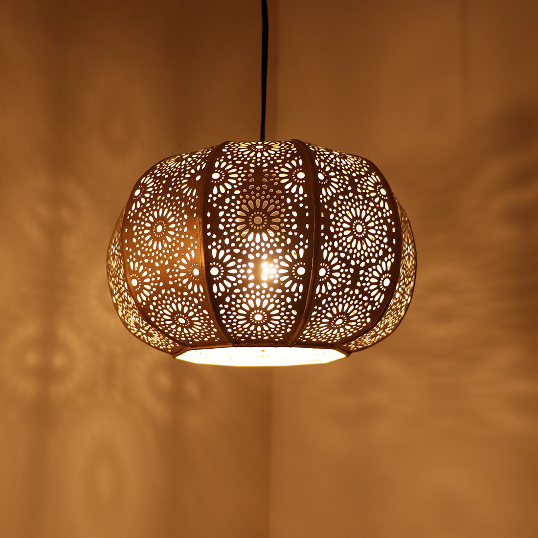 'Moroccan Grandeur' Hand-Etched Pendant Lamp In Iron (8 Inch, Matte Finish)