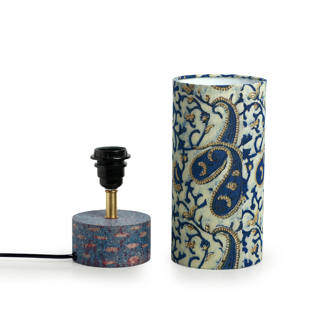 'Paisley Prints' Handcrafted Round Table Lamp In Mango Wood (14 Inch)