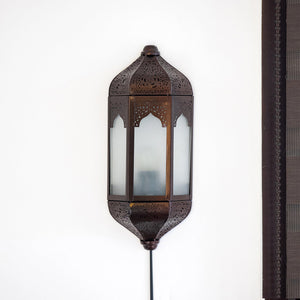 'Haveli Jharokha' Hand-Etched Iron Wall Lamp (14 Inch, Dark Brown)