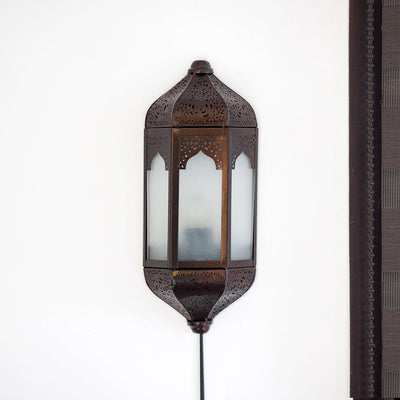'Haveli Jharokha' Hand-Etched Iron Wall Lamp (14 Inch, Dark Brown)