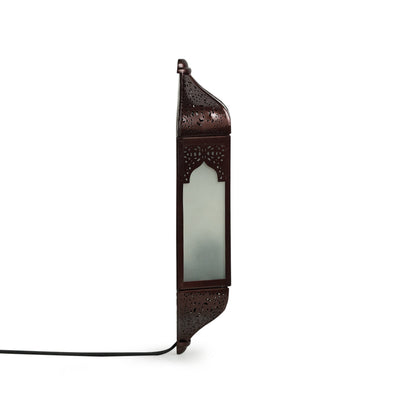 'Haveli Jharokha' Hand-Etched Iron Wall Lamp (14 Inch, Dark Brown)