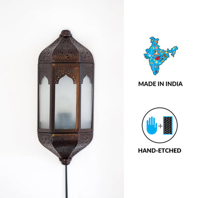 'Haveli Jharokha' Hand-Etched Iron Wall Lamp (14 Inch, Dark Brown)