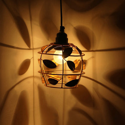 'Lush Foliage' Handcrafted Hanging Pendant Lamp Shade In Iron (7.4 Inch, Spherical, Golden)