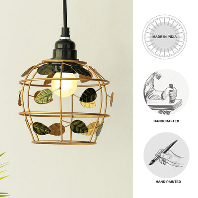 'Lush Foliage' Handcrafted Hanging Pendant Lamp Shade In Iron (7.4 Inch, Spherical, Golden)