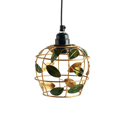 'Lush Foliage' Handcrafted Hanging Pendant Lamp Shade In Iron (7.4 Inch, Spherical, Golden)