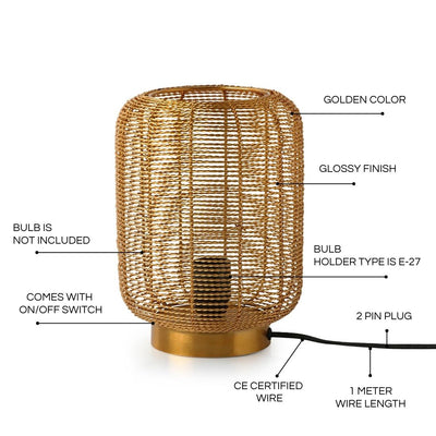 'Weaved Barrel' Handcrafted Table Lamp In Iron (9.6 Inch, Golden)
