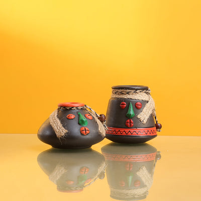 'Tribal Rustic Pot-Faces' In Terracotta with Jute Detailing Pots Showpieces (Set Of 2)