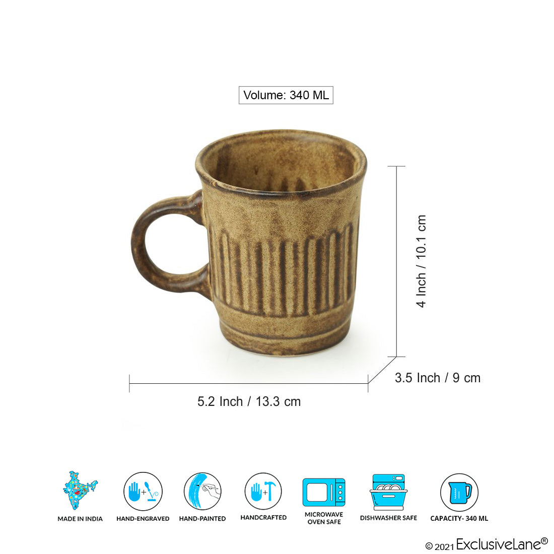 'Sea Shore Sips' Handcrafted Ceramic Tea & Coffee Mugs (Set of 2, 340 ML, Microwave Safe)