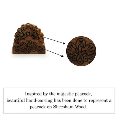 'The Dancing Peacock' Hand Carved Coasters With Holder in Sheesham Wood (Set of 4)