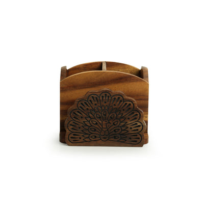'The Dancing Peacock' Hand Carved Cutlery & Stationery Holder in Sheesham Wood