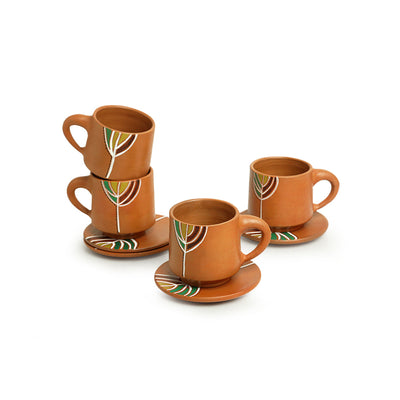 'Shades of a Leaf' Handpainted Terracotta Coffee & Tea Cups With Saucers (Set of 4, 160 ml)