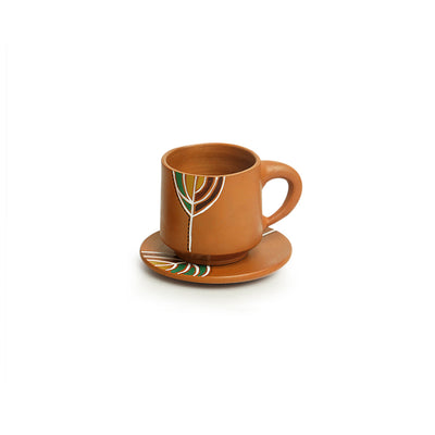 'Shades of a Leaf' Handpainted Terracotta Coffee & Tea Cups With Saucers (Set of 4, 160 ml)